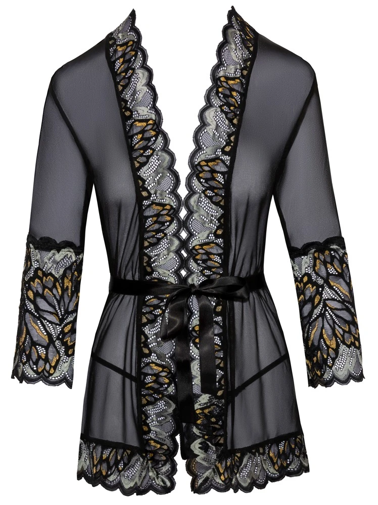 Tüll Kimono mit Spitze Elegant Kurzer Kimono aus eines Powernet im Mix mit Effektspitze schwarz