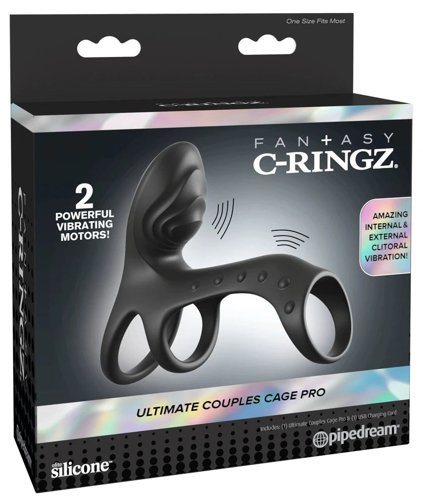 FCR Couples Cage Pro Black, Penismanschette mit Hodenring und Vibration Ultimate Couples Cage Pro mit 2 Power Motoren 7 Modi für Eichel und Klitoris