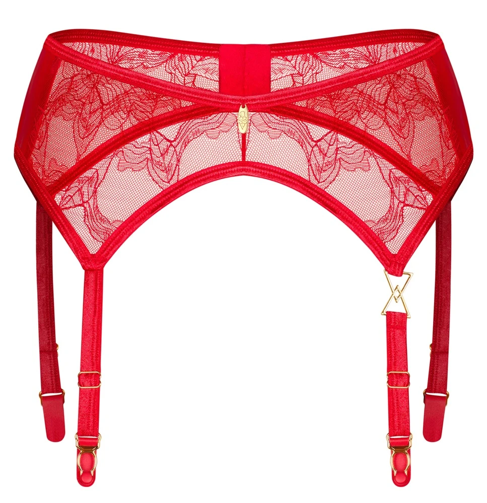 Strapsgürtel Aliosa von Obsessive in Rot. Eleganz und Sinnlichkeit mit goldfarbenen Schmuckdetails und verstellbaren Strumpfhaltern