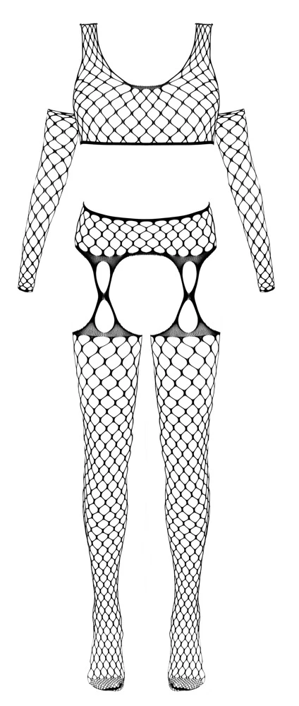 3-teiliges Netz Dessous Set schwarz mit Top, Straps-Strumpfhose & Armstulpen, großmaschig nahtlos elastisch, offen im Schritt