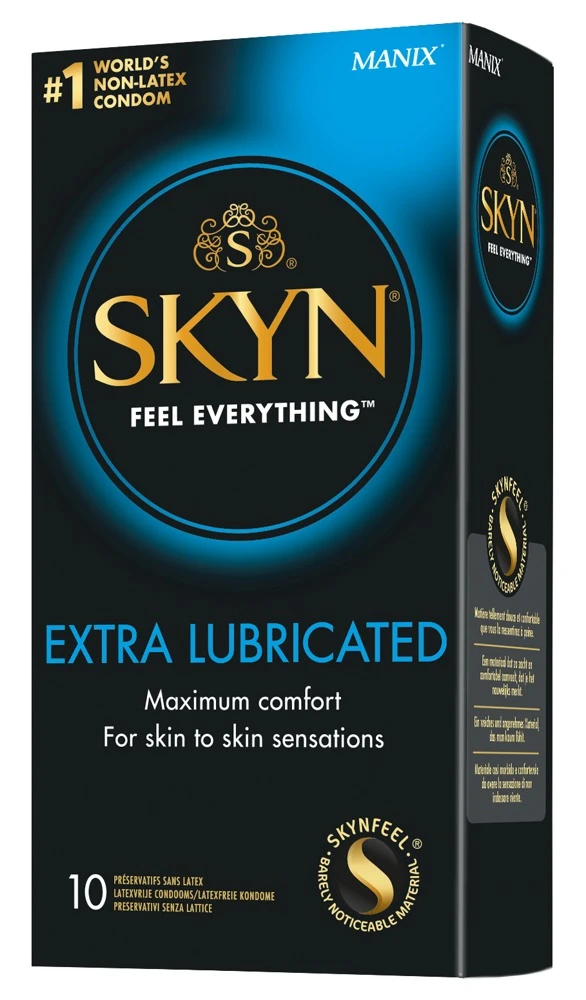 Transparentes, hauchünnes, veganes Kondom Manix Skyn Extra Lubricated - extra feucht beschichtet auf Silikonbasis.