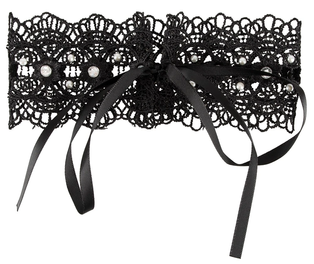 Cottelli Elegantes Schwarzes Halsband: Verziert mit Perlen, Strasssteinen und Satinschleife