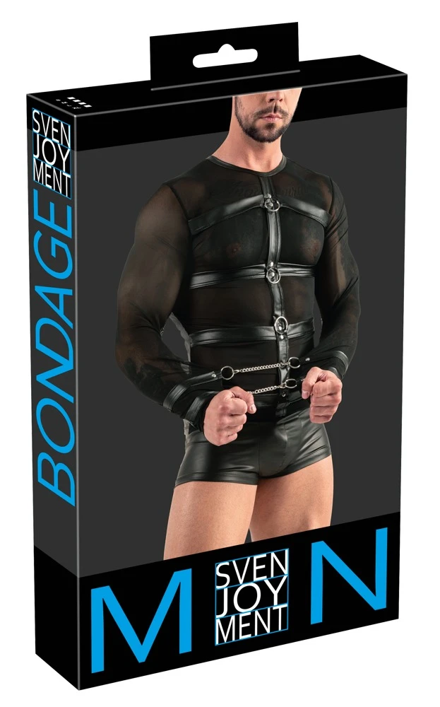 Langarm-Shirt von Svenjoyment Bondage aus elastischem weichem Powernet mit aufgestepptem und mit Ringen besetztem Harness vorne. Langarm-Shirt von Svenjoyment Bondage aus elastischem weichem Powernet mit aufgestepptem und mit Ringen besetztem Harness vorne.