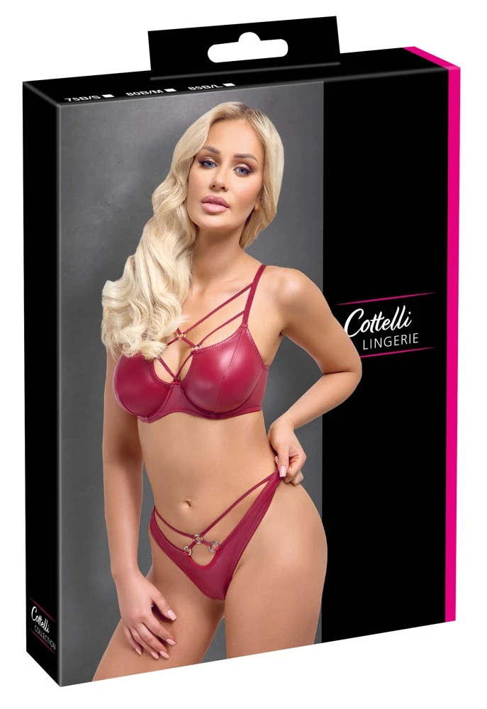 Cottelli LINGERIE Bügel-BH und Riostring im Set aus rotem Wetlook im Bondage Style