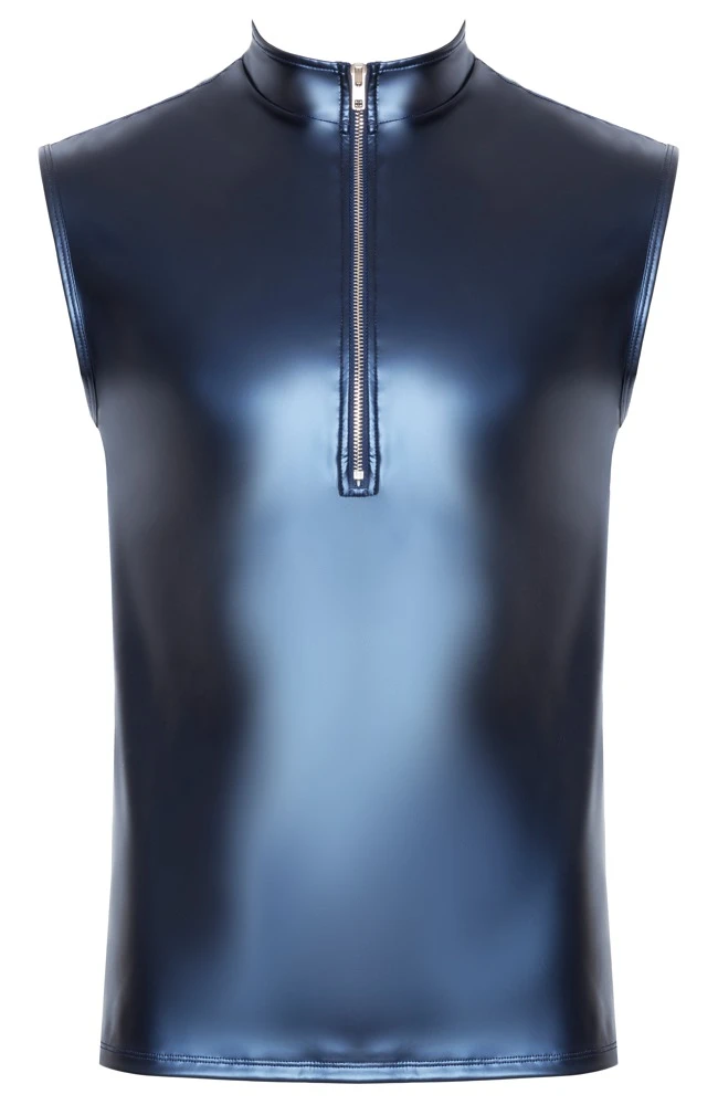 Blaues Shirt von NEK im trendigen Metallic-Mattlook. Ärmellos, eng und körperbetont geschnitten.Mit kleinem Stehkragen und silberfarbenem Reißverschluss vorne.