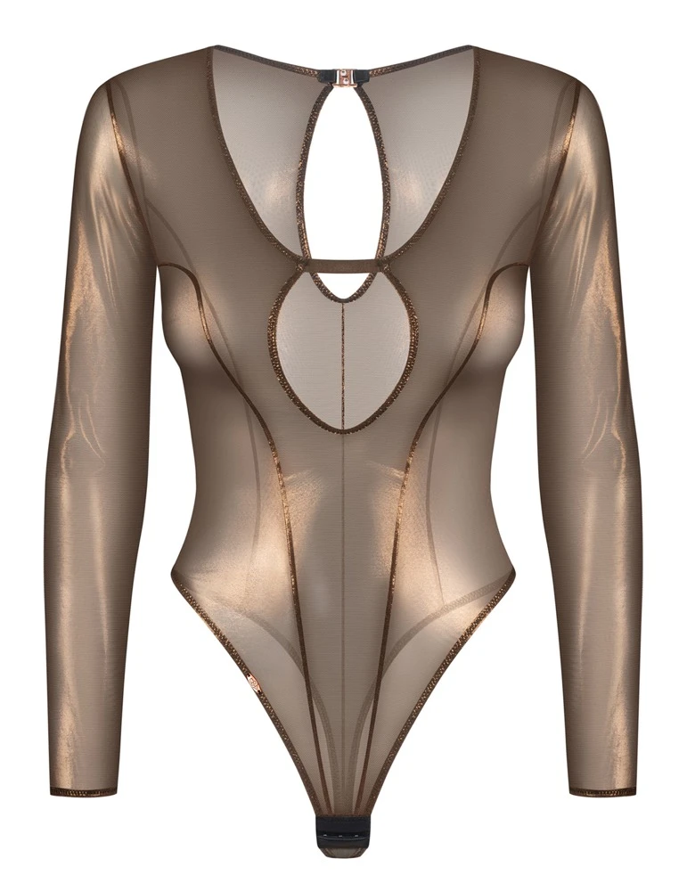 Schimmernder Langarm-Body Soranna in Bronze mit semitransparentem Rio-Design, hohem Bein und elegantem Nackenverschluss von Obsessive