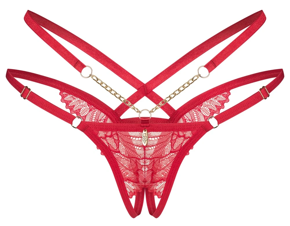 String ouvert Matildea in tiefem Rot mit feiner Spitze, verstellbarem Riemen-Style und goldfarbenen Kettchen für verführerisch offenen Luxus von Obsessive