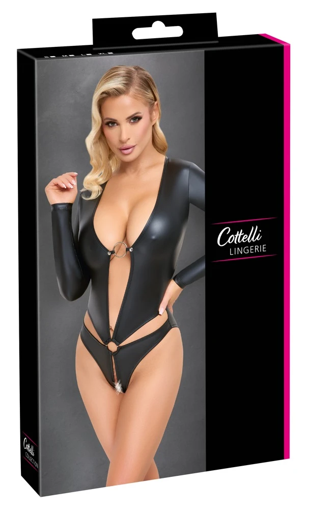 Cottelli LINGERIE Provokanter Body, Langarm-Body ouvert aus schwarzen Mattlook, Ring im extra tiefen Dekolleté