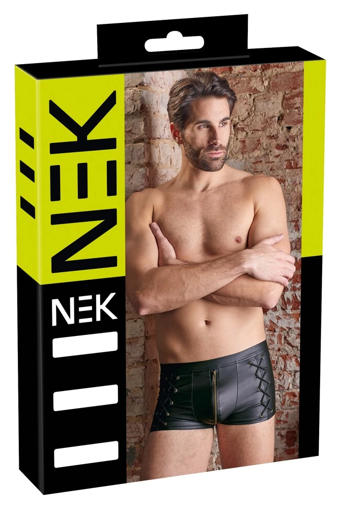 Schwarze Pants mit unterlegtem Messing-Reißverschluss in der Front. An den Seiten mit markanten Schnürungen.