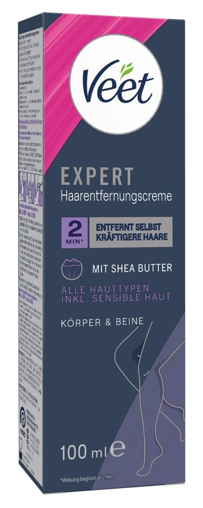 Veet EXPERT Enthaarungscreme für Beine und Arme entfernt selbst kräftige Haare ab 2 Minuten, mit Shea Butter für bis zu 48 h glatte und gepflegte Haut 100ml