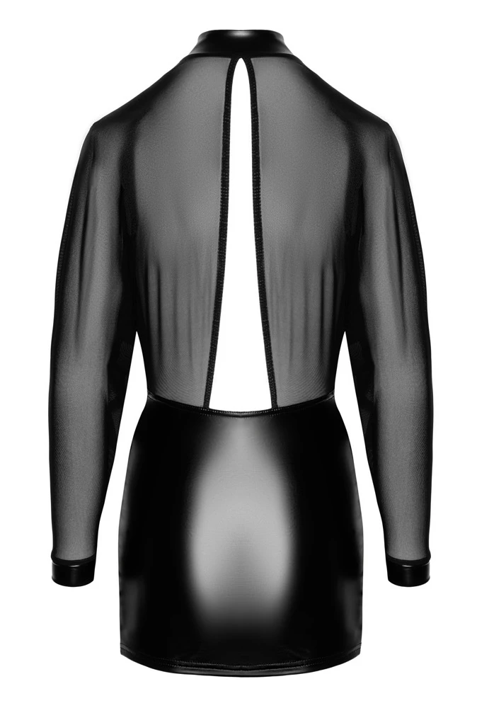 Noir Stylisches Langarm-Minikleid im Material-Mix aus transparentem Tüll und Powerwetlook mit tiefem Ausschnitt und Stehkragen
