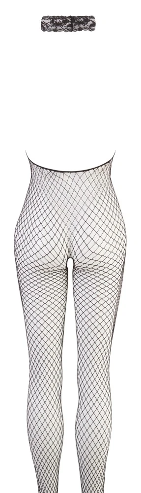 Hochgradig erregender Einteiler aus schwarzem Stretch-Netz mit Spitzen-Halsband. Im Schritt mit kleiner Lust-Öffnung.