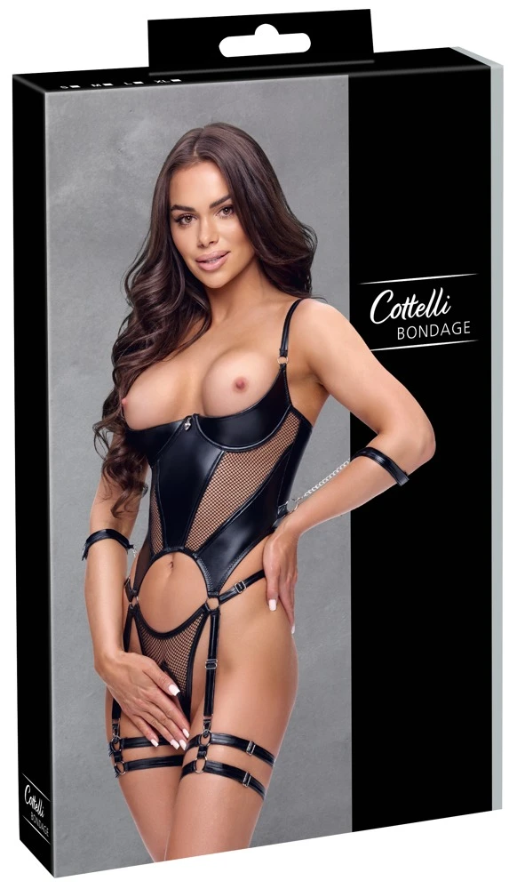 Straps-Body ouvert busenfrei mit Soft-Armfesseln, Netzeinsätzen & Mattlook – sexy im verführerischen Bondage-Style – Cottelli BONDAGE