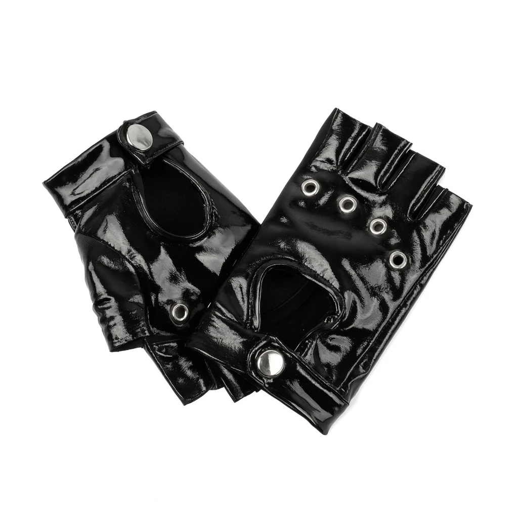7Heaven Schwarze Kinky fingerlose Handschuhe GL722 aus glänzendem Lack mit Druckknopf und Metallnieten für markante Looks