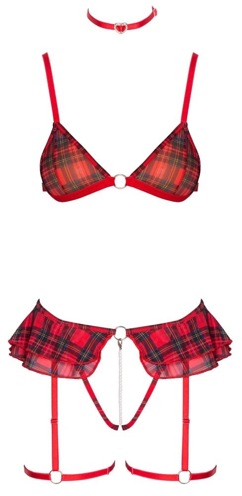 Cottelli COSTUMES: 3-teiliges Karo-Dessous mit Soft-BH, ouvert String, Halsband & abnehmbarer Perlenkette Cottelli COSTUMES: 3-teiliges Karo-Dessous mit Soft-BH, ouvert String, Halsband & abnehmbarer Perlenkette
