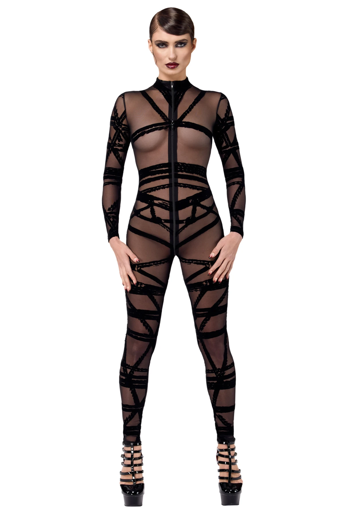Bondesque Kinky Catsuit Noir Handmade F357 aus weichem, elastischem Tüll mit Shibari-Flock, langen Ärmeln und praktischem Drei-Wege-Reißverschluss für einen kraftvollen, stilvollen Look