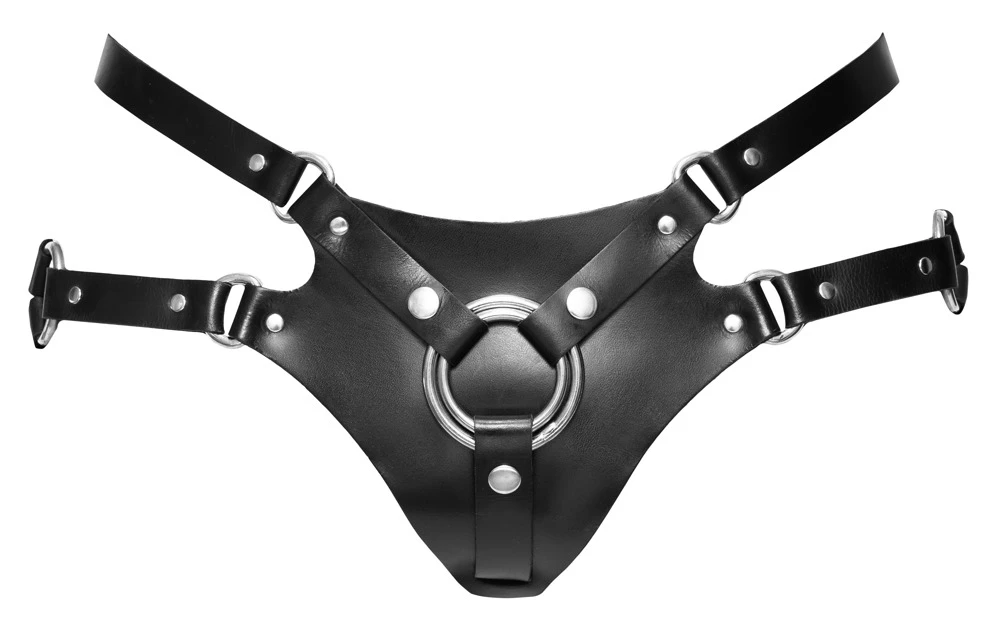 Vielfach verstellbarer Strap-on-Hüftgurt aus Leder von ZADO. Universell benutzbar mit vielen Dildos und Vibratoren, die einen Saug- oder Standfuß besitzen.