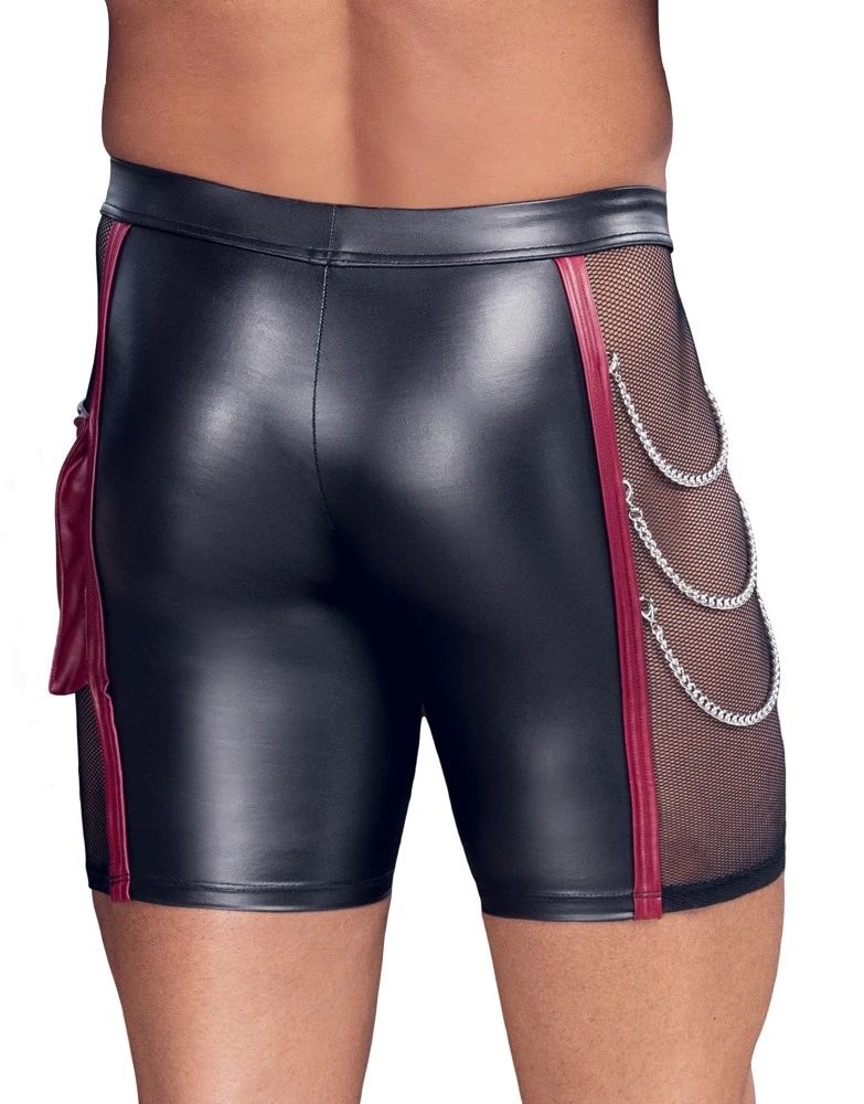 Herren Pants, NEK Pants im schwarzen Mattlook mit roten Kontrasten, seitlichem Netz, Reißverschluss im Beutel, Ringen und Karabiner-Ketten
