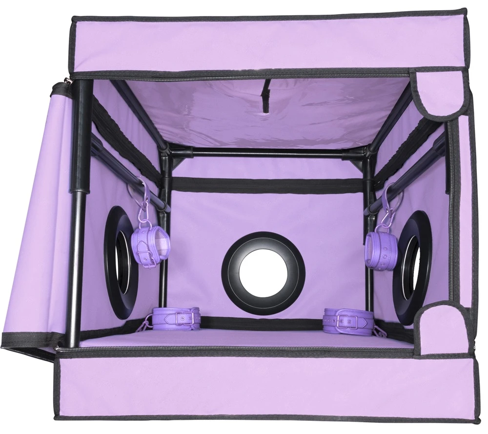 La Niche - Purple, Geschlossene BDSM-Kabine mit Fesseln, Öffnungen & Halsmanschette – La Niche für dunkle Spiele & geheime Fantasien