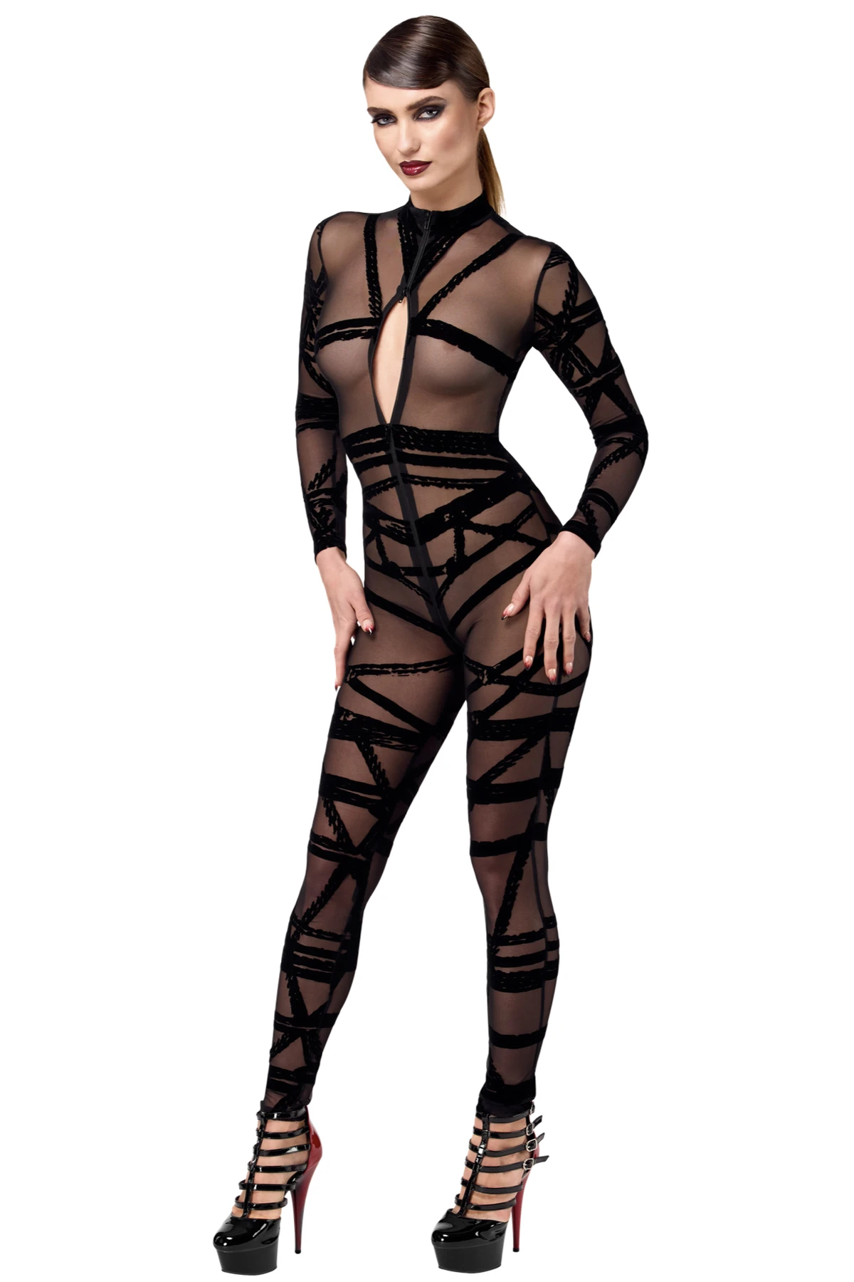 Bondesque Kinky Catsuit Noir Handmade F357 aus weichem, elastischem Tüll mit Shibari-Flock, langen Ärmeln und praktischem Drei-Wege-Reißverschluss für einen kraftvollen, stilvollen Look