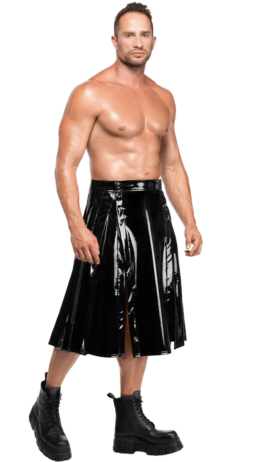 Langer Herren Kinky Lack Rock Empire H091 sexy Hochglanz mit dehnbarem Material, zwei Gehschlitzen vorn und Druckknopf-Front zum Öffnen von Noir Handmade Men