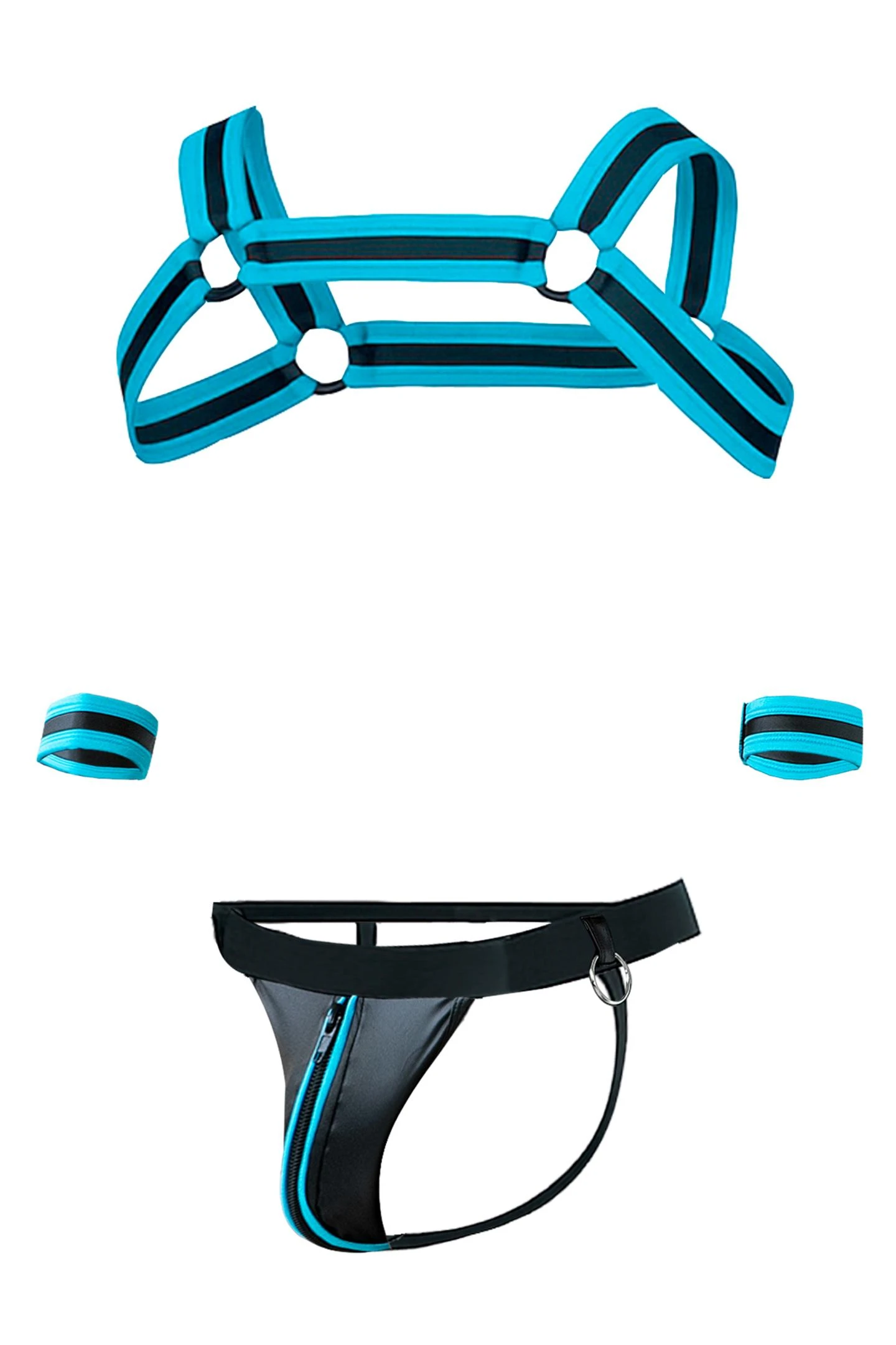 Schwarz/türkises Jockstrap-Set RAV115 – sexy Neopren-Design mit Metallringen, Reißverschluss-Suspensorium, Brustharness und Armbändern von CUT4MEN