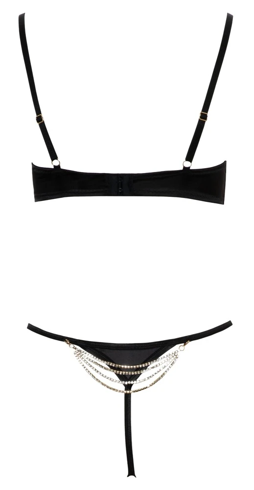 Cottelli LINGERIE Edles Hebe BH und String Set mit Strassketten schwarze Satin