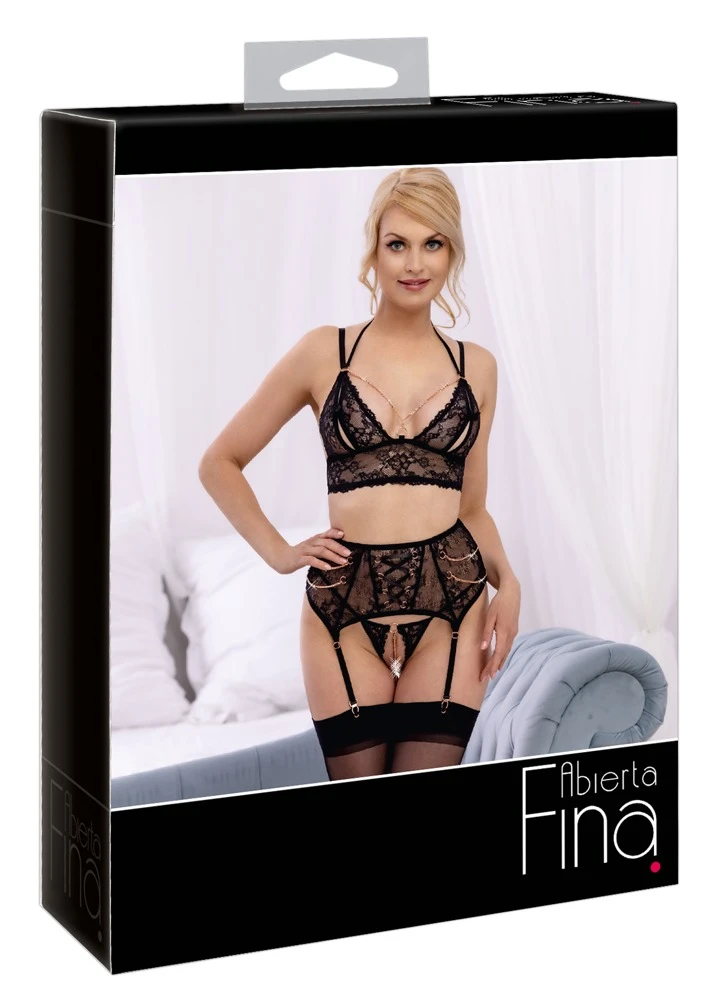 Abierta Fina Bralette, Strapsgurt und Slip ouvert, geschlitzten Cups, Strapsgurt in Schnüroptik