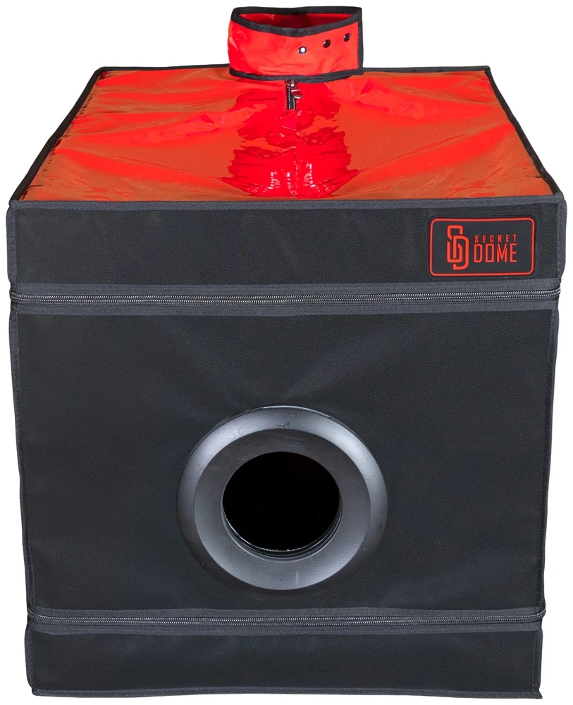 La Niche - Black&Red, Für Rollenspiele gebaut: Geschlossene BDSM-Kabine mit Fesseln, 3 Öffnungen, Halsmanschette und LED-Licht – einfach aufbauen!