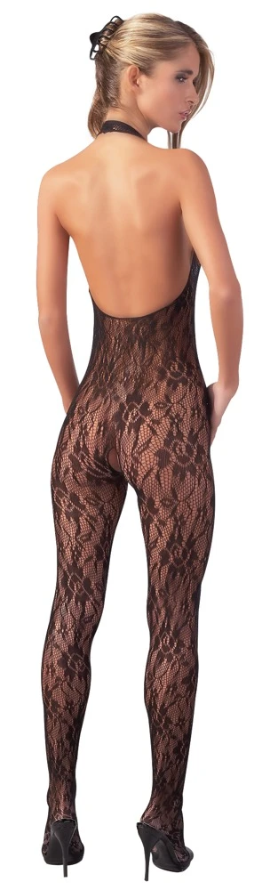 Schwarzer Catsuit aus filigran gearbeitetem Netz, mit Neckholder und drei Perlen am Dekolleté.