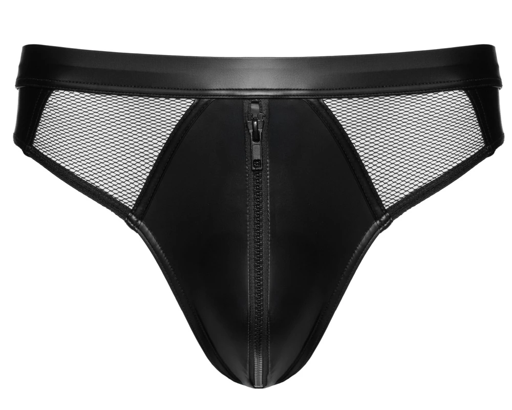 Svenjoyment Wetlook-Slip in Schwarz mit Reißverschluss im Frontbereich und transparenten Netzeinsätzen, elastisch und anschmiegsam für optimalen Sitz und hohen Tragekomfort