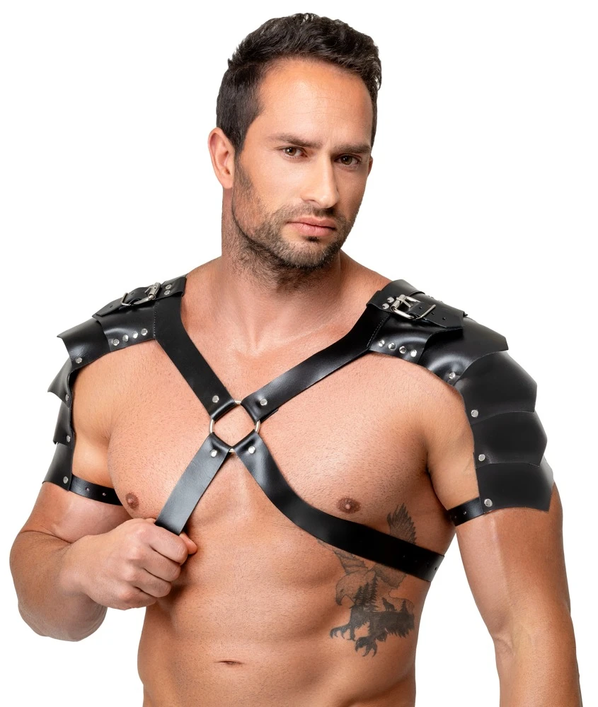 Leder Herren Harness, ZADO Leder Harness-Set mit Handfesseln & Haltegriff, Brust- und Schenkel-Harness, verstellbar, schwarz
