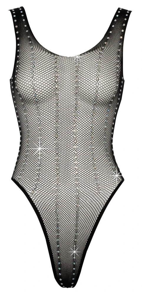 Rundum schillernder Body von Cottelli FANTASY aus feinen weichen Netzmaschen mit Strassbesatz in Längsstreifen-Optik.