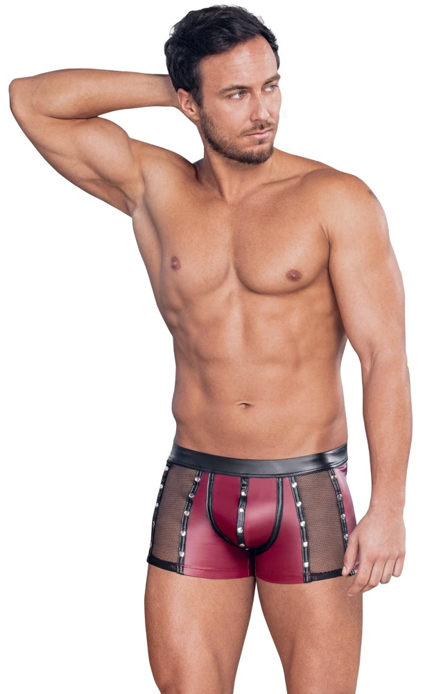Herren Pants, Pants von NEK im roten Mattlook mit schwarzen Kontrastdetails und seitlichen Netz-Einsätzen, Druckknopfleiste im Beutel und silberfarbenen Nieten für einen markanten Auftritt