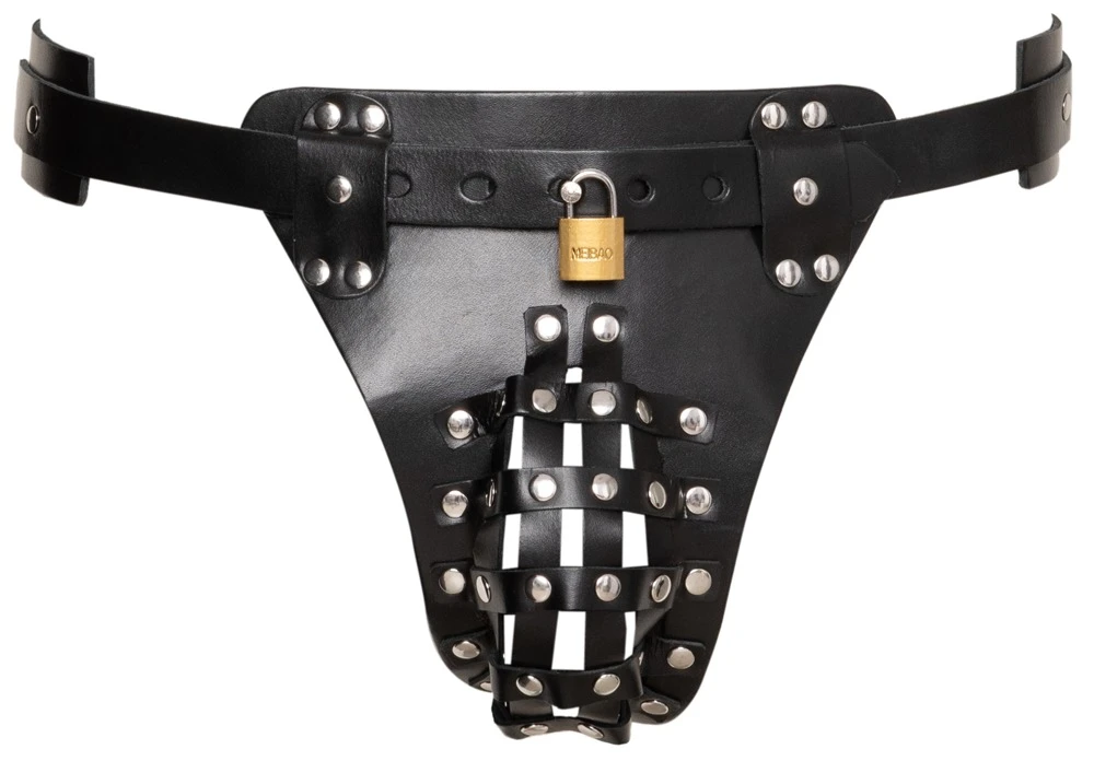 Leder Herren Jockstrap, ZADO Keuschheits-String aus Leder mit Schlössern, Nieten-Design, Plug-Halterung und silberfarbenen Beschlägen