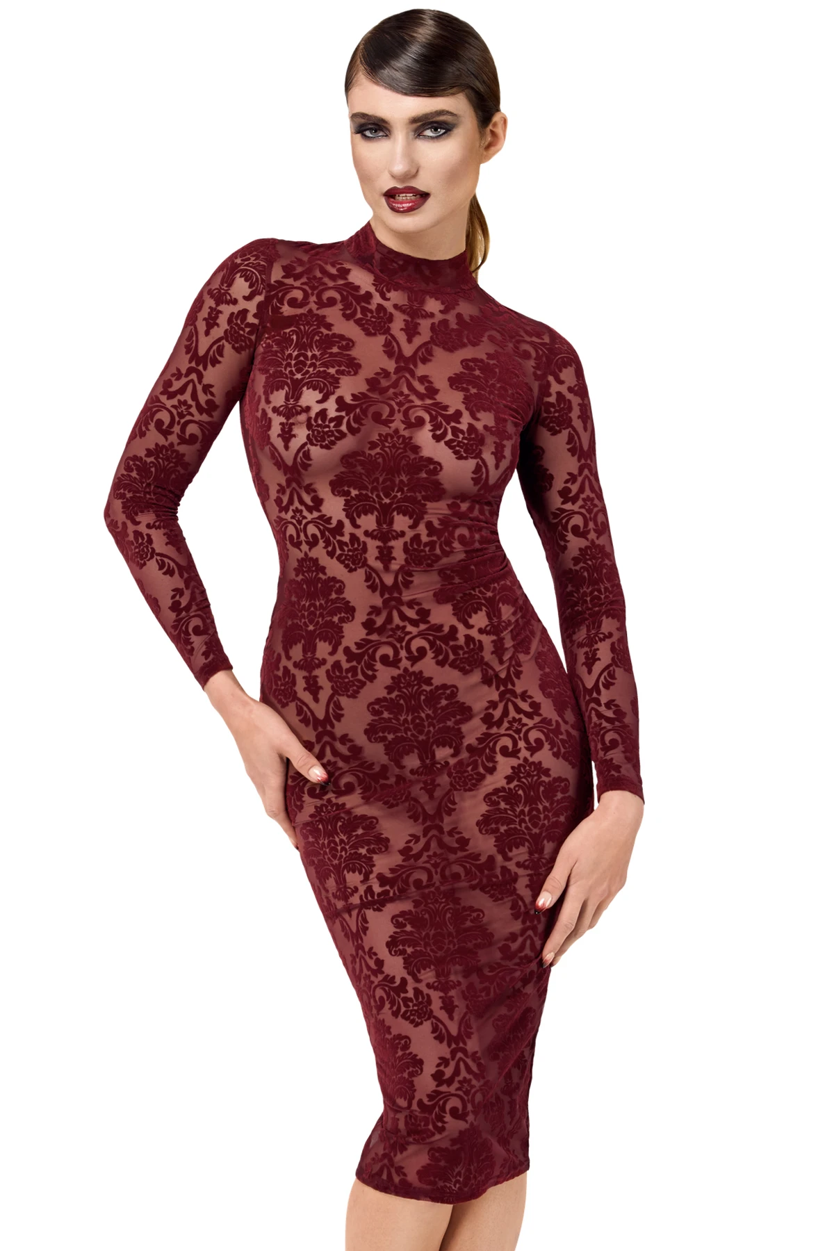 F384 halblanges Flockkleid Kinky Royal aus weichem elastischem Tüll mit floraler Flockstickerei, tiefem Rückenausschnitt und Hakenverschluss am Kragen – knielanges Design, das deine Kurven betont – von Noir Handmade