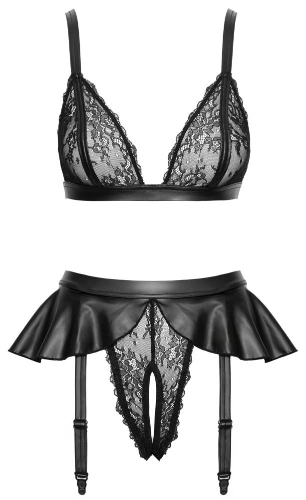 Cottelli LINGERIE Erotisch Soft-BH und Straps-Slip ouvert im schwarzen Set aus feiner Spitze mit Mattlook-Details, Röckchen und verstellbaren Strapsen