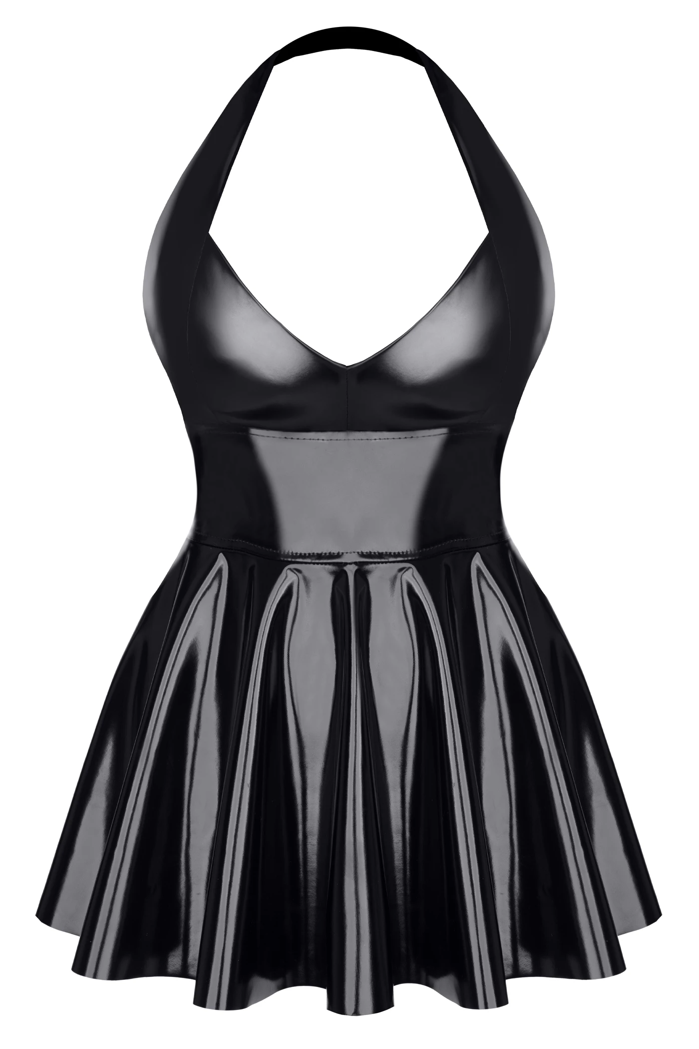 Schwarzes Kinky Lack-Kleid mit freiem Dekolleté, elastischem Gummiband am Hals und praktischem Reißverschluss auf der Rückseiteschwarzes Lack Miniklied TDSvenja001von Demoniq