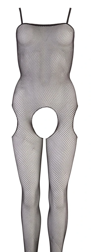 Netz-Catsuit aus schwarzem Stretch-Netz. Im Schritt und seitlich provozierend offen.