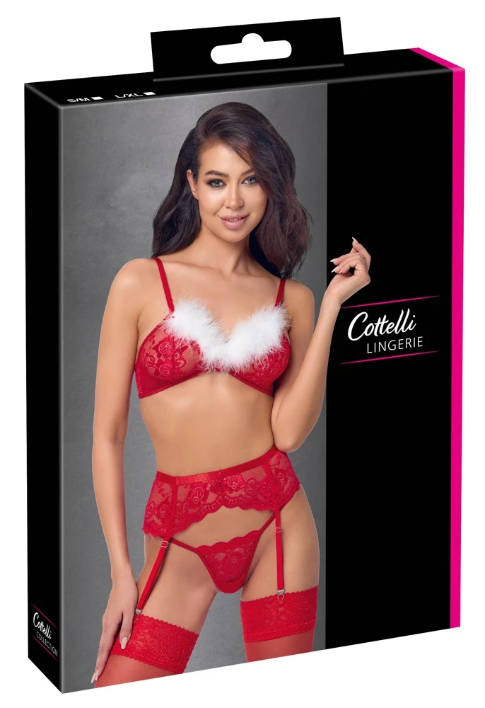 3-teiliges Straps-Set X-Mas von Cottelli LINGERIE aus roter Blütenspitze mit BH, Strapsgürtel, String und weißem Federbesatz an den Cups