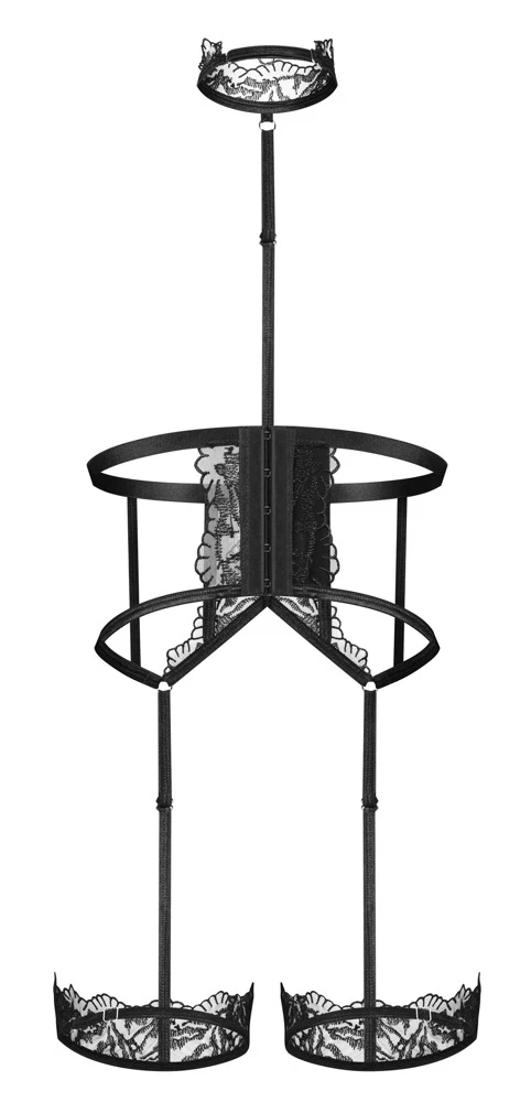 Harness Hersis von Obsessive in Schwarz – extravagantes Straps-Harness mit Halsband, Dekolleté-Steg und zarten Spitzen-Details