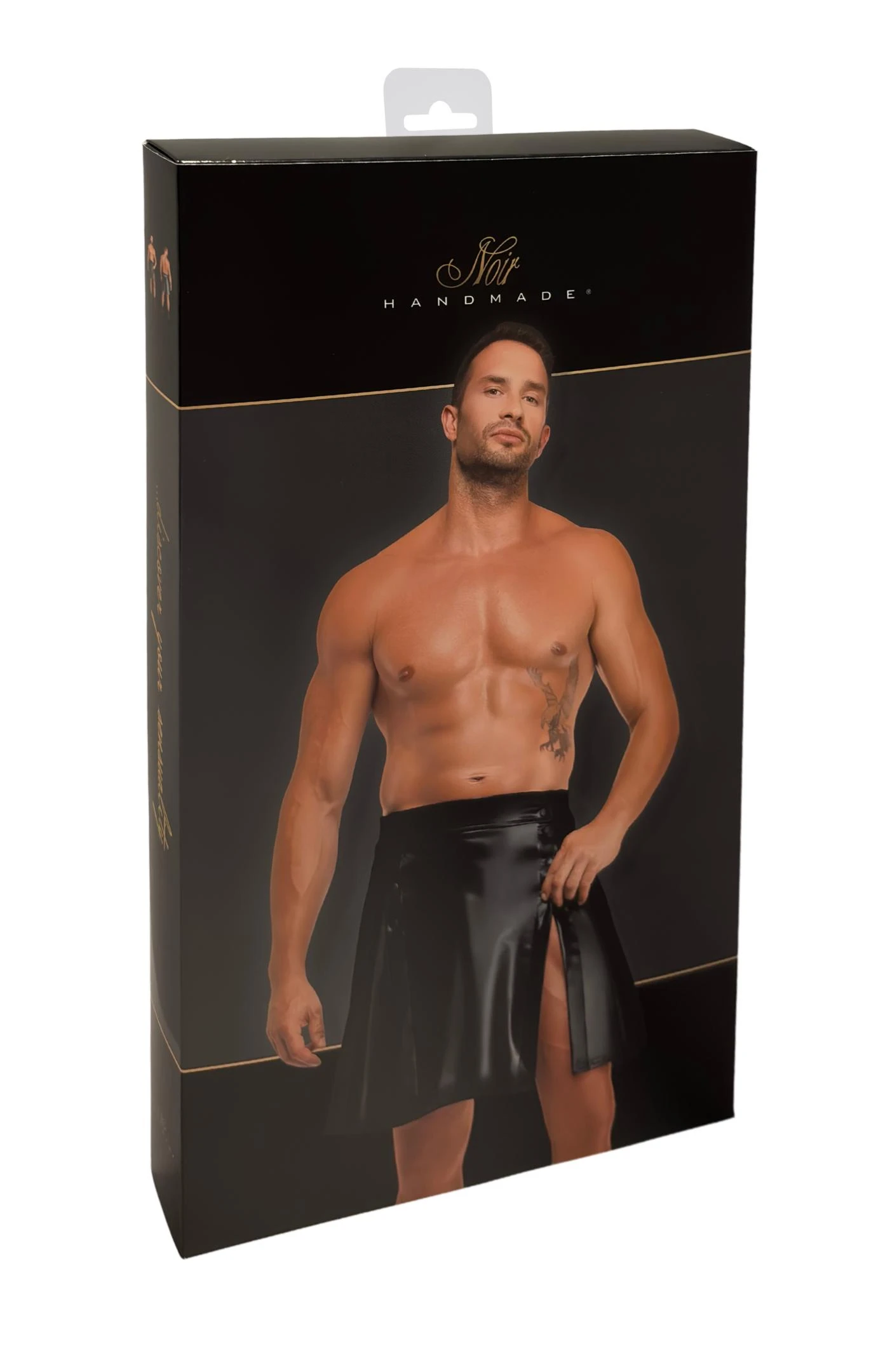 Schwarzer Herren Rock Valor H090 Powerwetlook mit Druckknöpfen vorne, zwei Gehschlitzen, dehnbar, knielang, markanter Kinky Style mit weichem Innenfutter von Noir Handmade Men