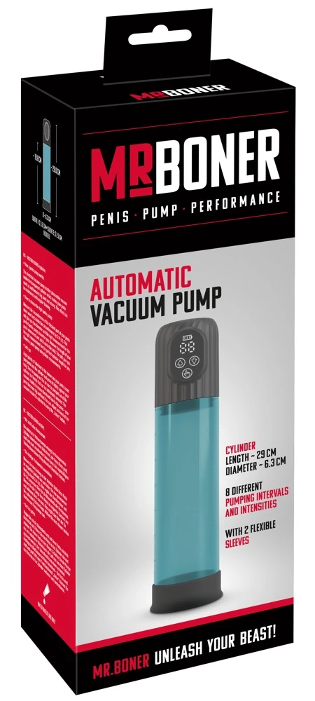 Mr.Boner Automatic Vacuum Pump, Automatische Penispumpe mit 8 Modi: Leistungsstarker Unterdruck, einfache Bedienung, 2 Manschetten - für effektives Potenz-Training