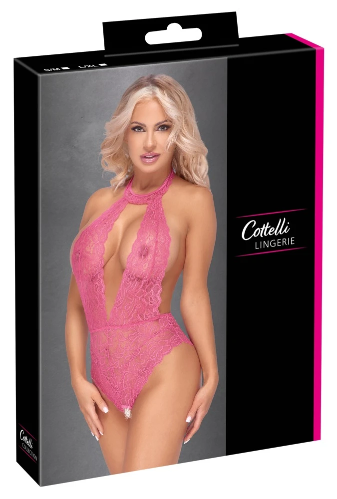 Cottelli LINGERIE Pinkfarbener spitzen Body ouvert im Schritt Neckholder Sexy Rückenfrei