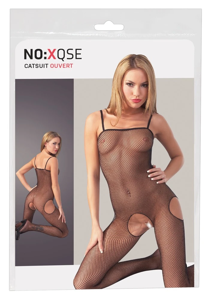 Netz-Catsuit aus schwarzem Stretch-Netz. Im Schritt und seitlich provozierend offen.