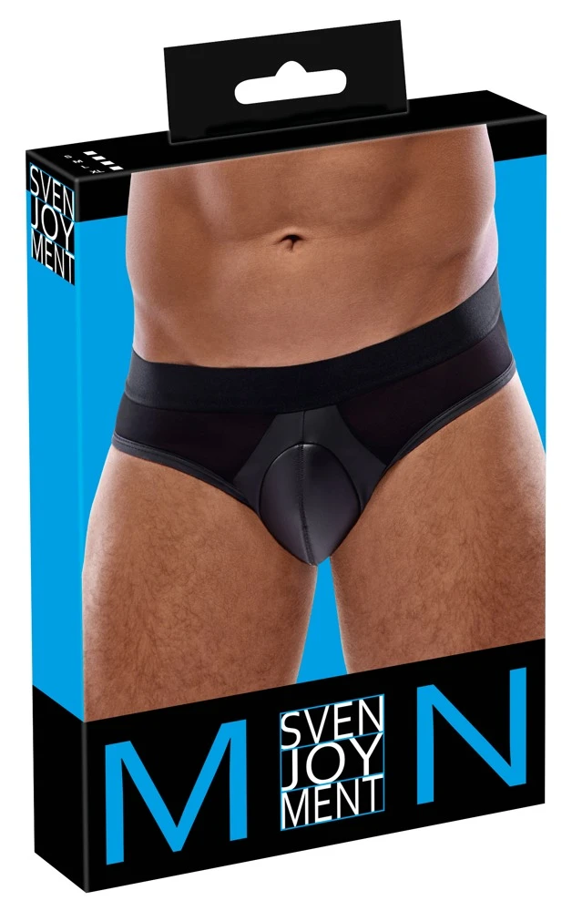 Slip von Svenjoyment mit gepolstertem Beutel für eine markante Frontwölbung. Edler schwarzer Mattlook mit Netz-Einsätzen vorne.