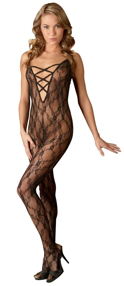 Catsuit aus weicher Effekt-Spitze mit tiefem Stretchband-Dekolleté in Schnüroptik.