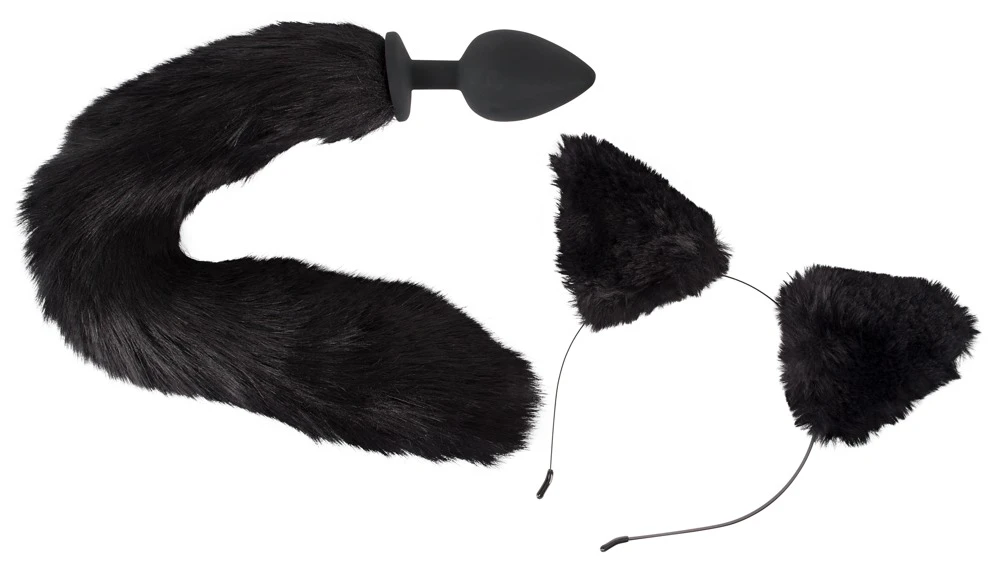 Bad Kitty Analplug in schwarz mit Katzenschwanz und Haarreif.