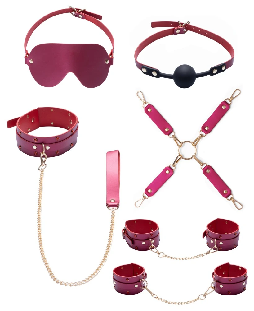 6-teiliges Fessel-Set aus pinkfarbenem Lederimitat mit goldfarbenen Details, Strassbesatz, Halsfessel, Leine und vielseitigem Hogtie-System