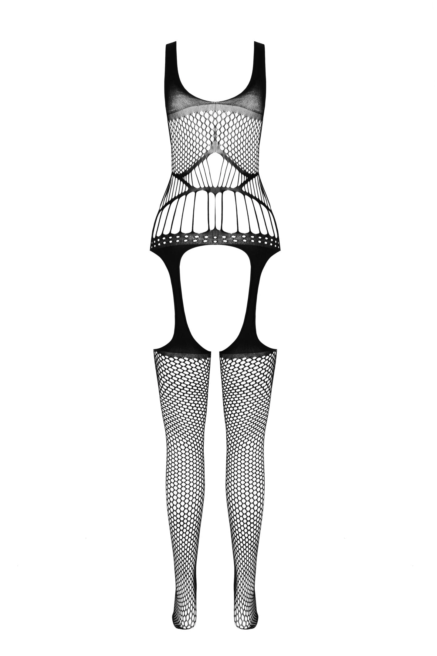 Catsuit Ouvert aus dehnbarem Netzmaterial mit seitlichen Öffnungen und aufregender Strapsoptik, schwarzer ouvert Bodystocking BS106